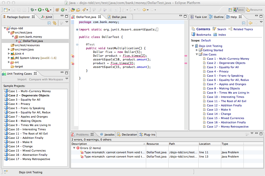 Figure: Overview of Eclipse with Dojo Unit Testing Cases and related Help.